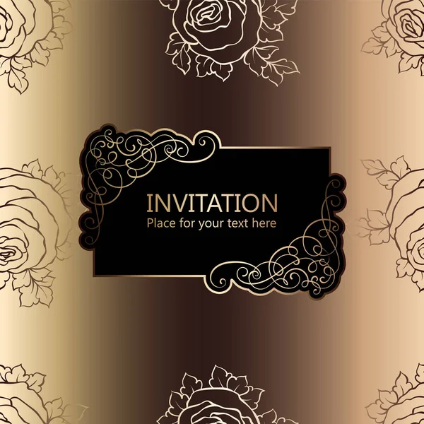 Abstract background with roses, luxury black and gold vintage frame, victorian banner, damask floral wallpaper ornaments, invitation card, baroque style booklet, fashion pattern, template for design. — Stock Vector