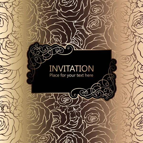 Abstract background with roses, luxury black and gold vintage frame, victorian banner, damask floral wallpaper ornaments, invitation card, baroque style booklet, fashion pattern, template for design. — Stock Vector