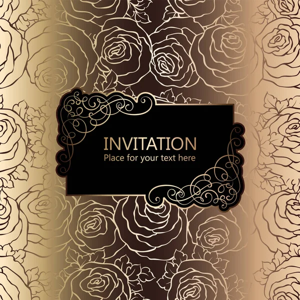 Absztrakt háttér, rózsák, luxus fekete és arany vintage képkeret, viktoriánus banner, damaszt, virágos tapétával díszek, meghívó, barokk stílusú füzet, divat minta, sablon design. — Stock Vector