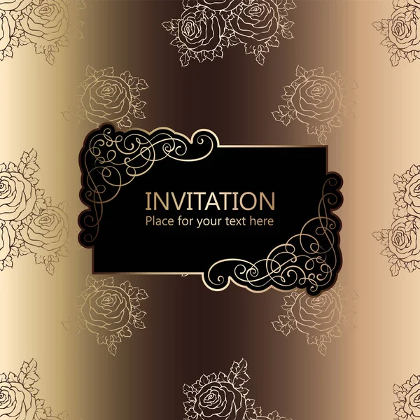 Fondo abstracto con rosas, marco vintage de lujo negro y oro, bandera victoriana, adornos de papel pintado floral damasco, tarjeta de invitación, folleto de estilo barroco, patrón de moda, plantilla para el diseño . — Vector de stock