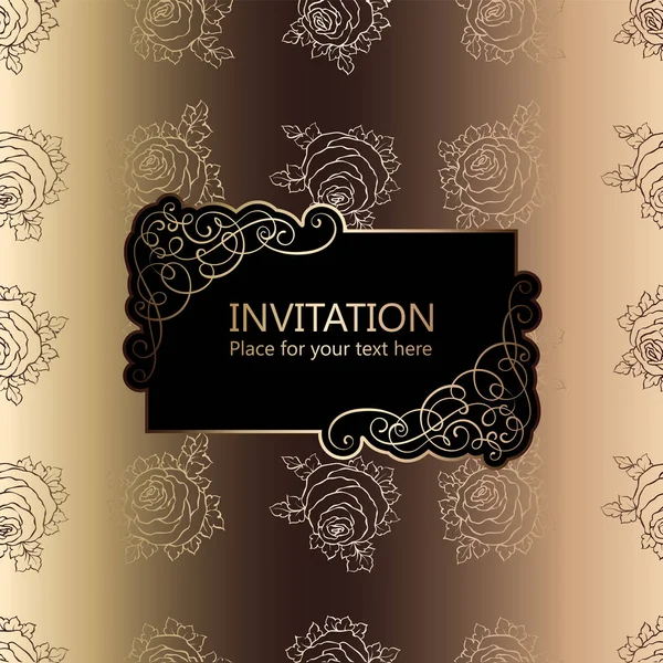 Abstract background with roses, luxury black and gold vintage frame, victorian banner, damask floral wallpaper ornaments, invitation card, baroque style booklet, fashion pattern, template for design. — Stock Vector