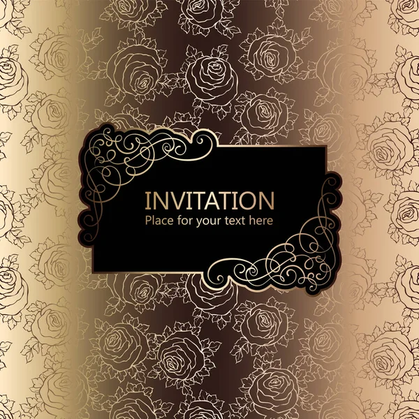 Αφηρημένα φόντο με τριαντάφυλλα, πολυτελές μαύρο και χρυσό πλαίσιο εκλεκτής ποιότητας, βικτοριανός banner, damask διακοσμητικά floral ταπετσαρία, προσκλητήριο, μπαρόκ στυλ φυλλαδίου, σχέδιο μόδας, πρότυπο για το σχεδιασμό. — Διανυσματικό Αρχείο