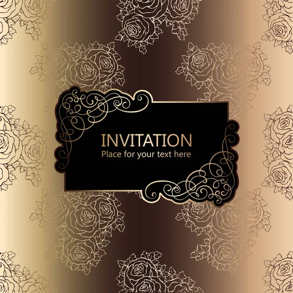 Fondo abstracto con rosas, marco vintage de lujo negro y oro, bandera victoriana, adornos de papel pintado floral damasco, tarjeta de invitación, folleto de estilo barroco, patrón de moda, plantilla para el diseño . — Vector de stock