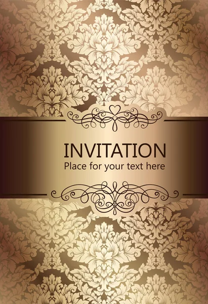 Fond abstrait avec cadre vintage beige et or de luxe, ornements de papier peint floral damassé, carte d'invitation avec place pour le texte, livret de style baroque, modèle de mode, modèle pour la conception — Image vectorielle