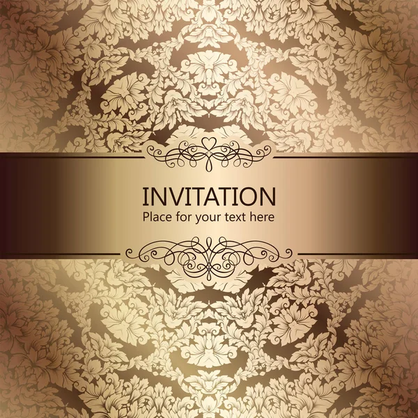 Abstrakter Hintergrund mit luxuriösem beige-goldenem Vintage-Rahmen, Damast-Tapeten-Ornamenten, Einladungskarte mit Platz für Text, Barock-Booklet, Modemuster, Design-Vorlage — Stockvektor