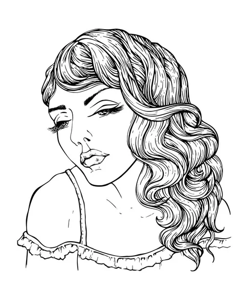 Menina com cabelo ondulado streaming, lineart mão desenhada ilustração vetorial para colorir livro. Ilustração de moda de mulher jovem — Vetor de Stock