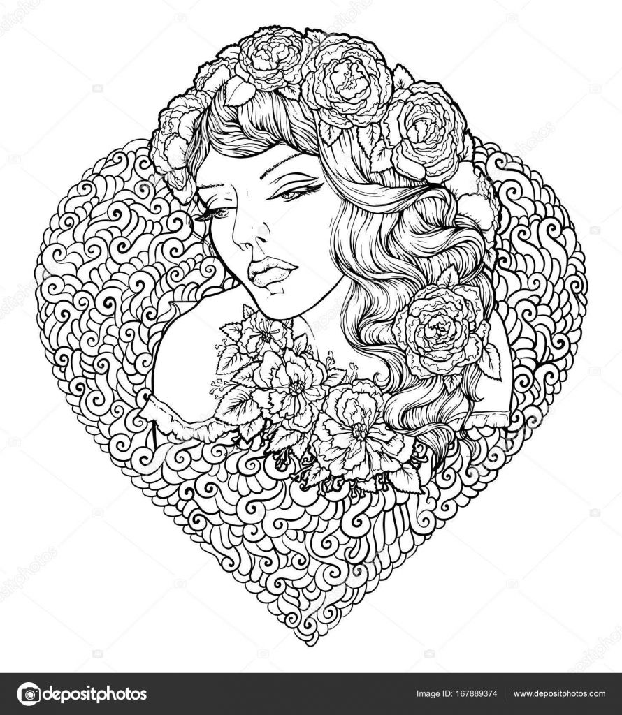 Volto di ragazza boho abbastanza elegante con telaio a forma di cuore e floreale wraeth in suoi capelli Bei capelli ricci ondulati e labbra imbronciate