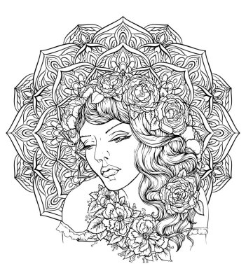 Yüz zarif mandala arka plan üzerinde çiçek çelenk ile çok şık boho kızın. Güzel dalgalı kıvırcık saçları ve pouty dudakları. Kitap sayfa yetişkin renklendirme çiçek bohemia şaşırtıcı elle çizilmiş