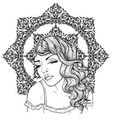 Yüz zarif mandala arka plan üzerinde çok şık boho kızlardan. Güzel dalgalı kıvırcık saçları ve pouty dudakları. Kitap sayfa yetişkin renklendirme çiçek bohemia şaşırtıcı elle çizilmiş