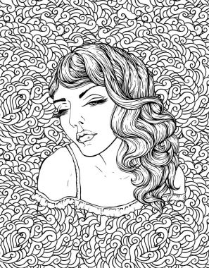 Çok şık boho kız doodle arka yüzü. Güzel dalgalı kıvırcık saçları ve pouty dudakları. Kitap sayfa yetişkin renklendirme çiçek bohemia şaşırtıcı elle çizilmiş