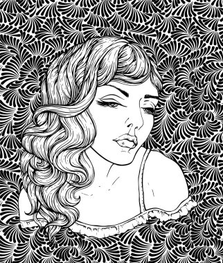 Çok şık boho kız doodle arka yüzü. Güzel dalgalı kıvırcık saçları ve pouty dudakları. Kitap sayfa yetişkin renklendirme çiçek bohemia şaşırtıcı elle çizilmiş