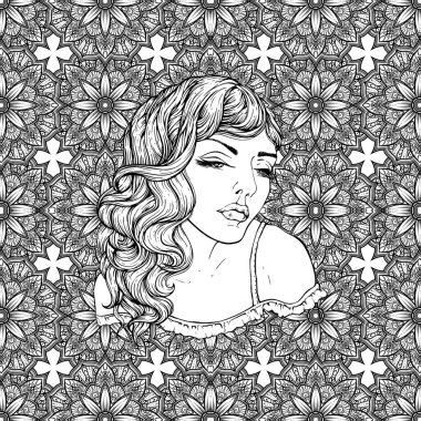 Kalp ile çok şık boho kızın yüz kare şeklinde. Güzel dalgalı kıvırcık saçları ve pouty dudakları. Kitap sayfa yetişkin renklendirme el çizilmiş inanılmaz çiçek Bohemia'deki / romantik