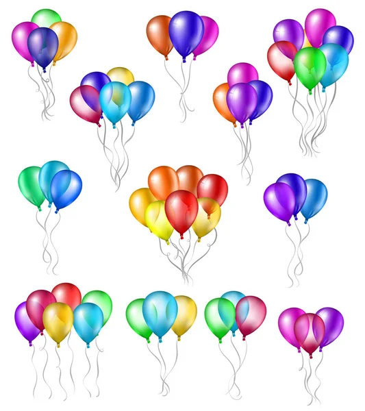 Ensemble de bouquets de ballons d'hélium colorés avec des cordes isolées sur fond blanc . — Image vectorielle