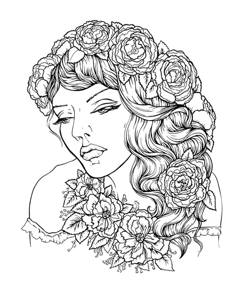 Pretty elegant boho girl with floral wreath. Hand drawn amazing floral bohemia coloring book page for adult — Stock Vector