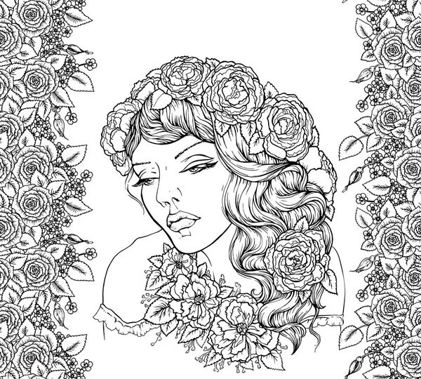 Velmi elegantní boho dívka s květinovým věncem na pozadí s růží. Ručně kreslenou úžasné květinové Čechy zbarvení stránku knihy pro dospělé izolované na bílém. — Stockový vektor