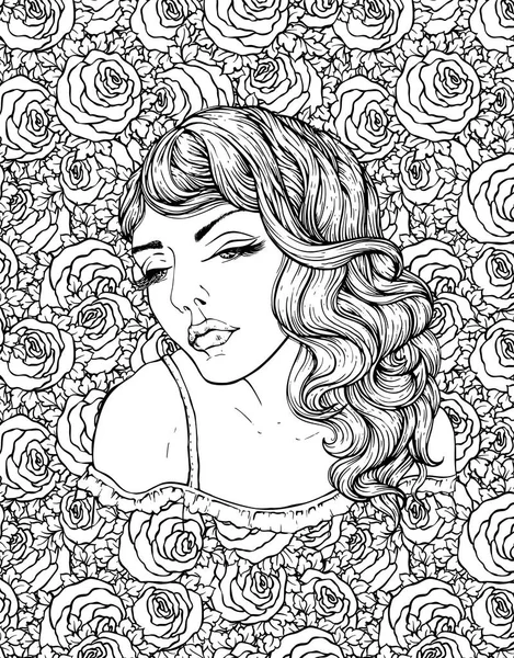 Tvář dívky docela elegantní boho na květinové pozadí s růží. Krásné vlnité vlasy kudrnaté a našpulené rty. Ručně kreslenou úžasné květinové Čechy zbarvení stránku knihy pro dospělé — Stockový vektor