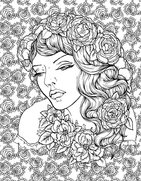 Tvář dívky docela elegantní boho s věncem na květinové pozadí s růží. Krásné vlnité vlasy kudrnaté a našpulené rty. Ručně kreslenou úžasné květinové Čechy zbarvení stránku knihy pro dospělé — Stockový vektor