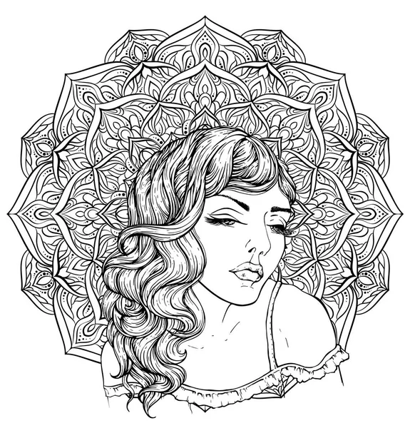 Face of pretty elegant boho girl on exquisite mandala background. Beautiful wavy curly hair and pouty lips. Hand drawn amazing floral bohemia coloring book page for adult — Stock Vector