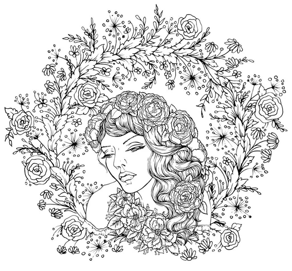 Velmi elegantní boho dívka s květinovým věncem na pozadí s květinami. Ručně kreslenou úžasné květinové Čechy zbarvení stránku knihy pro dospělé izolované na bílém. — Stockový vektor