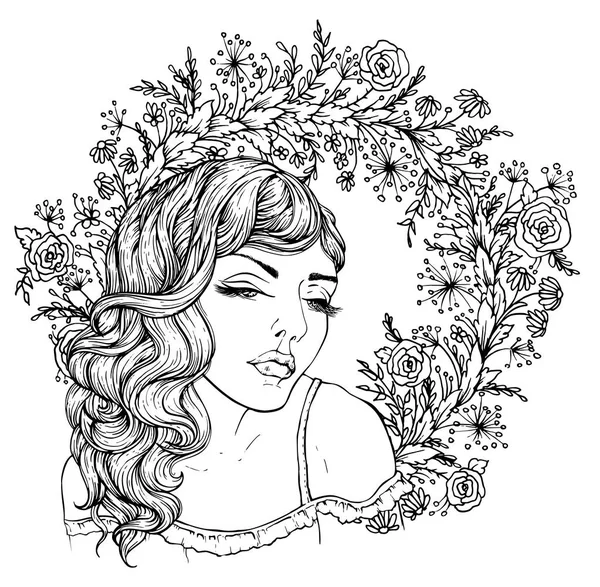 Velmi elegantní boho dívka na pozadí s květinami. Ručně kreslenou úžasné květinové Čechy zbarvení stránku knihy pro dospělé izolované na bílém. — Stockový vektor