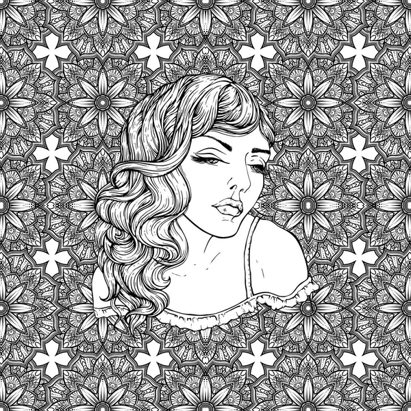 Kalp ile çok şık boho kızın yüz kare şeklinde. Güzel dalgalı kıvırcık saçları ve pouty dudakları. Kitap sayfa yetişkin renklendirme el çizilmiş inanılmaz çiçek Bohemia'deki / romantik