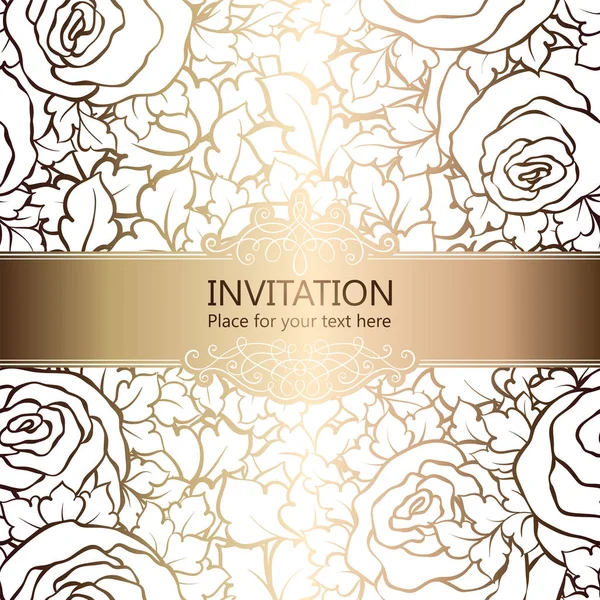 Fondo abstracto con rosas, marco vintage de lujo blanco y oro, bandera victoriana, adornos de papel pintado floral damasco, tarjeta de invitación, folleto de estilo barroco, patrón de moda, plantilla para el diseño . — Vector de stock