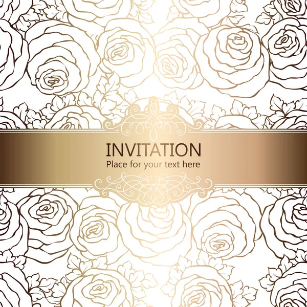 Abstract background with roses, luxury white and gold vintage frame, victorian banner, damask floral wallpaper ornaments, invitation card, baroque style booklet, fashion pattern, template for design. — Stock Vector