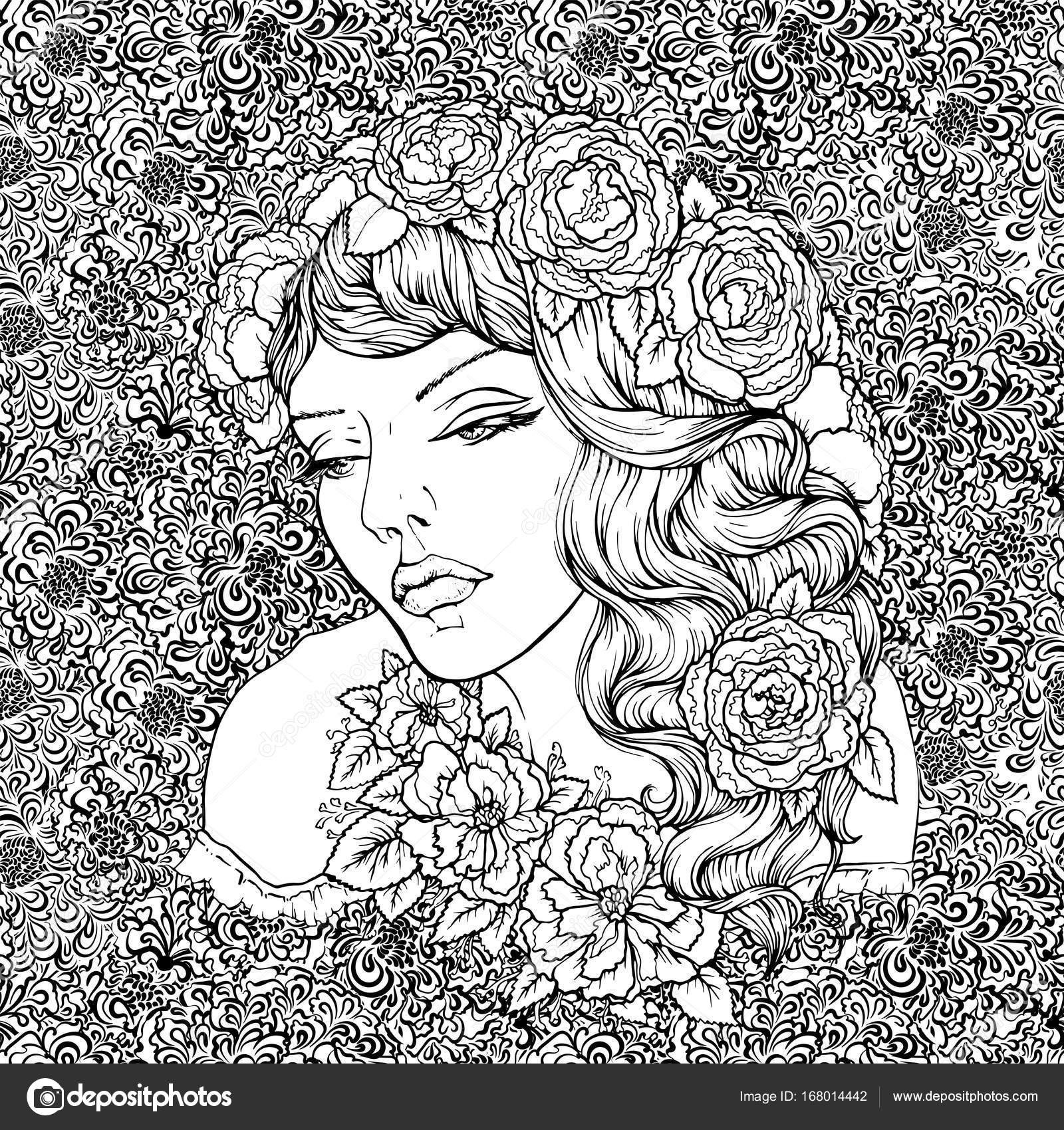 Bei capelli ricci ondulati e labbra imbronciate Disegnato a mano incredibile Boemia floreale libro da colorare per adulti — Vettoriali di MiaMilky