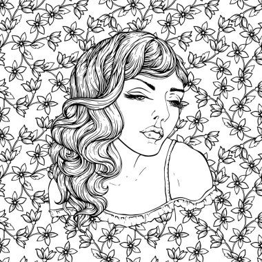 Yüz çiçek arka plan üzerinde çok şık boho kızlardan. Güzel dalgalı kıvırcık saçları ve pouty dudakları. Kitap sayfa yetişkin renklendirme çiçek bohemia şaşırtıcı elle çizilmiş