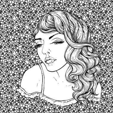 Yüz çiçek arka plan üzerinde çok şık boho kızlardan. Güzel dalgalı kıvırcık saçları ve pouty dudakları. Kitap sayfa yetişkin renklendirme çiçek bohemia şaşırtıcı elle çizilmiş