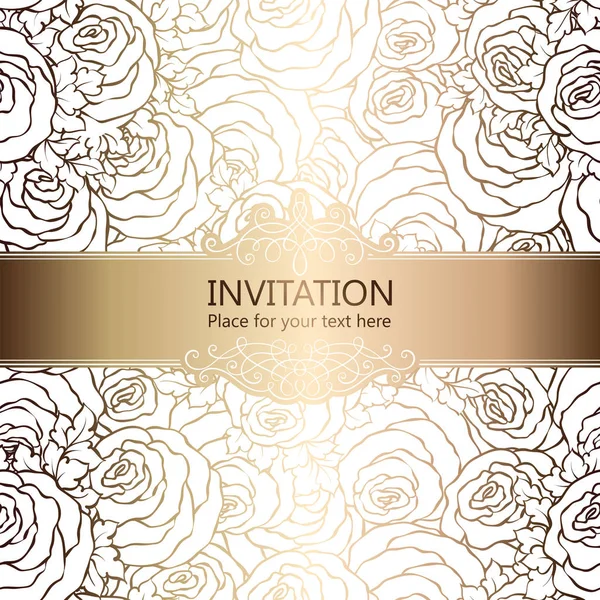 Abstract background with roses, luxury white and gold vintage frame, victorian banner, damask floral wallpaper ornaments, invitation card, baroque style booklet, fashion pattern, template for design. — Stock Vector