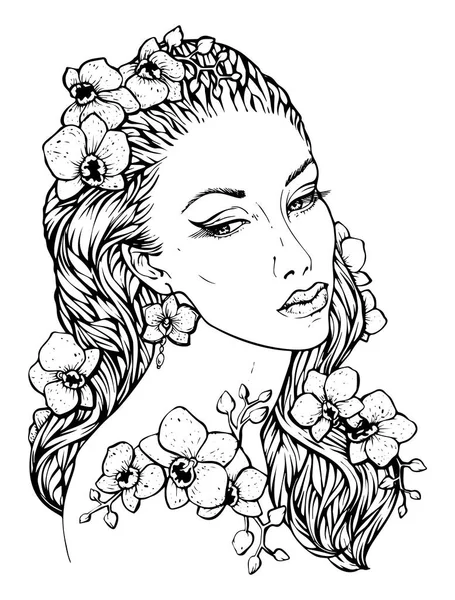 Velmi elegantní boho dívka s květinový věnec z orchidejí. Ručně kreslenou úžasné květinové Čechy zbarvení stránku knihy pro dospělé — Stockový vektor