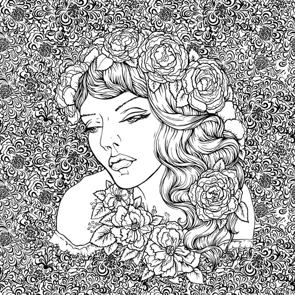 Ansikte av ganska elegant boho flicka med blomsterkrans på blommig bakgrund. Vackra vågiga lockiga hår och läppar pouty. Handritad fantastisk blommig Böhmen boken målarbok för vuxna — Stock vektor