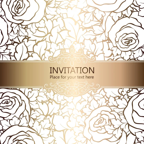 Fondo abstracto con rosas, marco vintage de lujo blanco y oro, bandera victoriana, adornos de papel pintado floral damasco, tarjeta de invitación, folleto de estilo barroco, patrón de moda, plantilla para el diseño . — Vector de stock