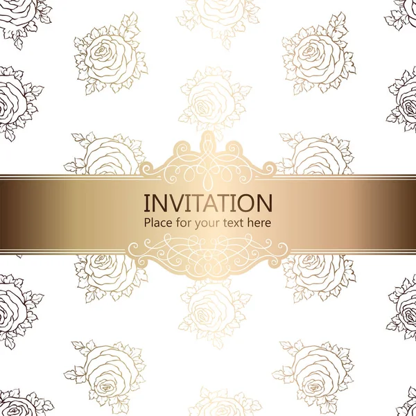 Abstract background with roses, luxury white and gold vintage frame, victorian banner, damask floral wallpaper ornaments, invitation card, baroque style booklet, fashion pattern, template for design. — Stock Vector