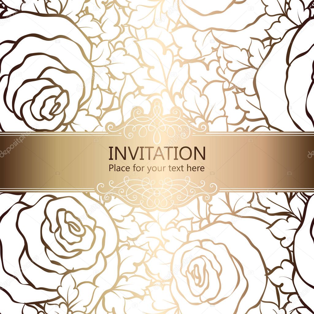 Abstract background with roses, luxury white and gold vintage frame, victorian banner, damask floral wallpaper ornaments, invitation card, baroque style booklet, fashion pattern, template for design.