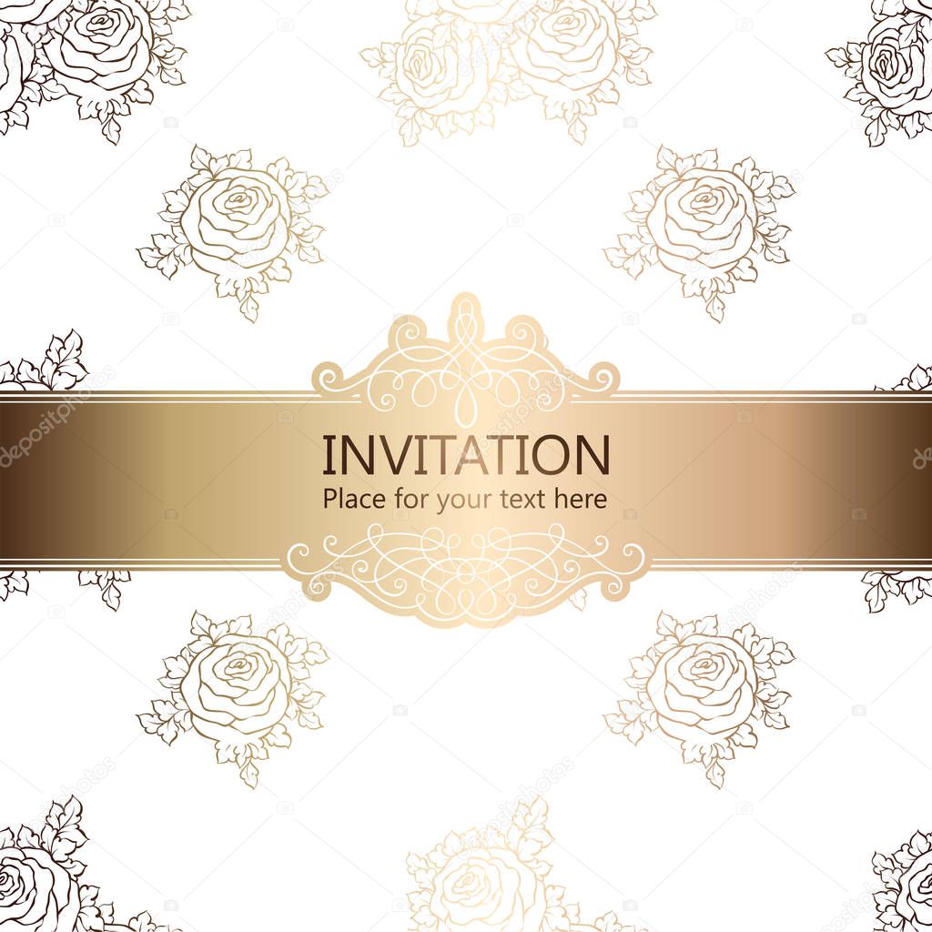 Abstract background with roses, luxury white and gold vintage frame, victorian banner, damask floral wallpaper ornaments, invitation card, baroque style booklet, fashion pattern, template for design.
