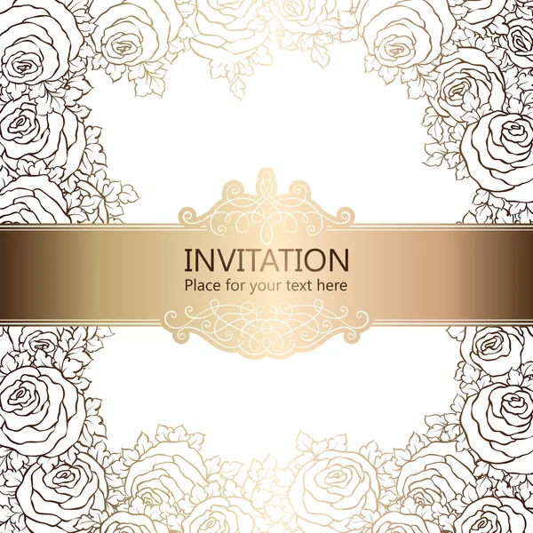 Abstract background with roses, luxury white and gold vintage frame, victorian banner, damask floral wallpaper ornaments, invitation card, baroque style booklet, fashion pattern, template for design. — Stock Vector