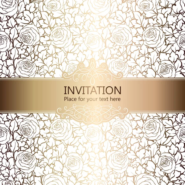 Fondo abstracto con rosas, marco vintage de lujo blanco y oro, bandera victoriana, adornos de papel pintado floral damasco, tarjeta de invitación, folleto de estilo barroco, patrón de moda, plantilla para el diseño . — Vector de stock