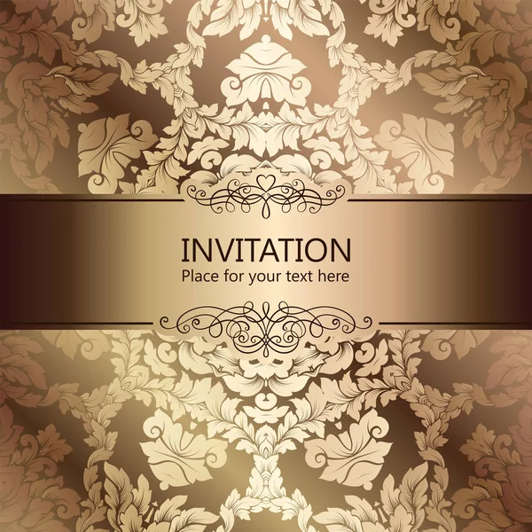 Abstrakter Hintergrund mit luxuriösem beige-goldenem Vintage-Rahmen, Damast-Tapeten-Ornamenten, Einladungskarte mit Platz für Text, Barock-Booklet, Modemuster, Design-Vorlage — Stockvektor