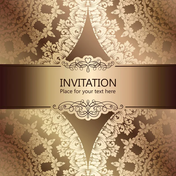 Fond abstrait avec cadre vintage beige et or de luxe, ornements de papier peint floral damassé, carte d'invitation avec place pour le texte, livret de style baroque, modèle de mode, modèle pour la conception — Image vectorielle