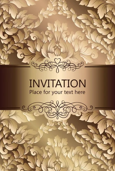 Abstract achtergrond met luxe beige en goud vintage frame, damask bloemen behang ornamenten, uitnodigingskaart met plaats voor tekst, barokke stijl boekje, mode patroon, sjabloon voor ontwerp — Stockvector