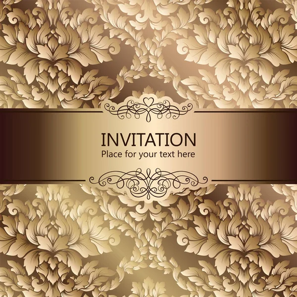 Abstrakter Hintergrund mit luxuriösem beige-goldenem Vintage-Rahmen, Damast-Tapeten-Ornamenten, Einladungskarte mit Platz für Text, Barock-Booklet, Modemuster, Design-Vorlage — Stockvektor