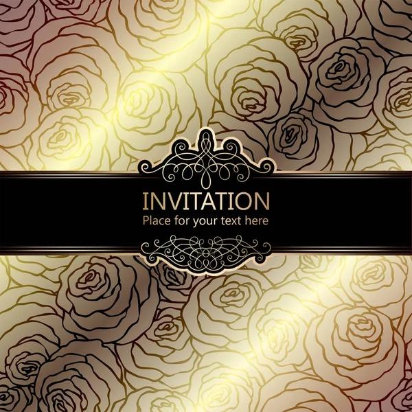 Fond abstrait avec des roses, cadre vintage beige et or de luxe, ornements de papier peint floral damassé, carte d'invitation avec place pour le texte, livret de style baroque, modèle de mode, modèle pour la conception — Image vectorielle