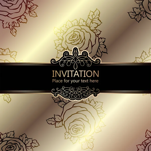 Abstract achtergrond met rozen, luxe beige en goud vintage frame, damast bloemen behang ornamenten, uitnodigingskaart met plaats voor tekst, barokke stijl boekje, mode patroon, sjabloon voor ontwerp — Stockvector