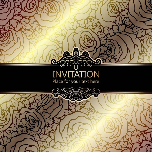 Abstract background with roses, luxury beige and gold vintage frame, damask floral wallpaper ornaments, invitation card with place for text, baroque style booklet, fashion pattern, template for design — Stock Vector