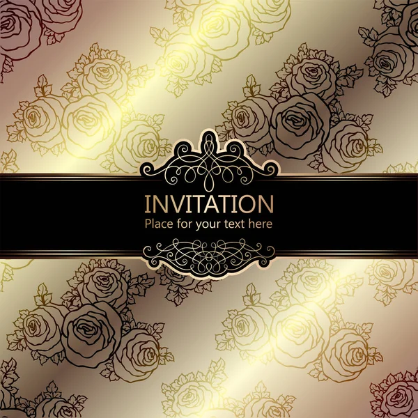 Abstract achtergrond met rozen, luxe beige en goud vintage frame, damast bloemen behang ornamenten, uitnodigingskaart met plaats voor tekst, barokke stijl boekje, mode patroon, sjabloon voor ontwerp — Stockvector