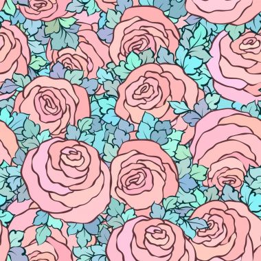 Çiçek dekoratif parlak pembe arka plan ile şirin gül, pastel pembe renklerde seamless modeli