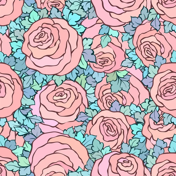 Floral decorative bright pink background with cute roses, seamless pattern in pastel pink colors