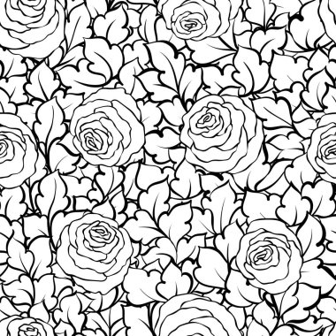 Şirin gül, tek renkli seamless modeli ile çiçek dekoratif siyah ve beyaz arka plan